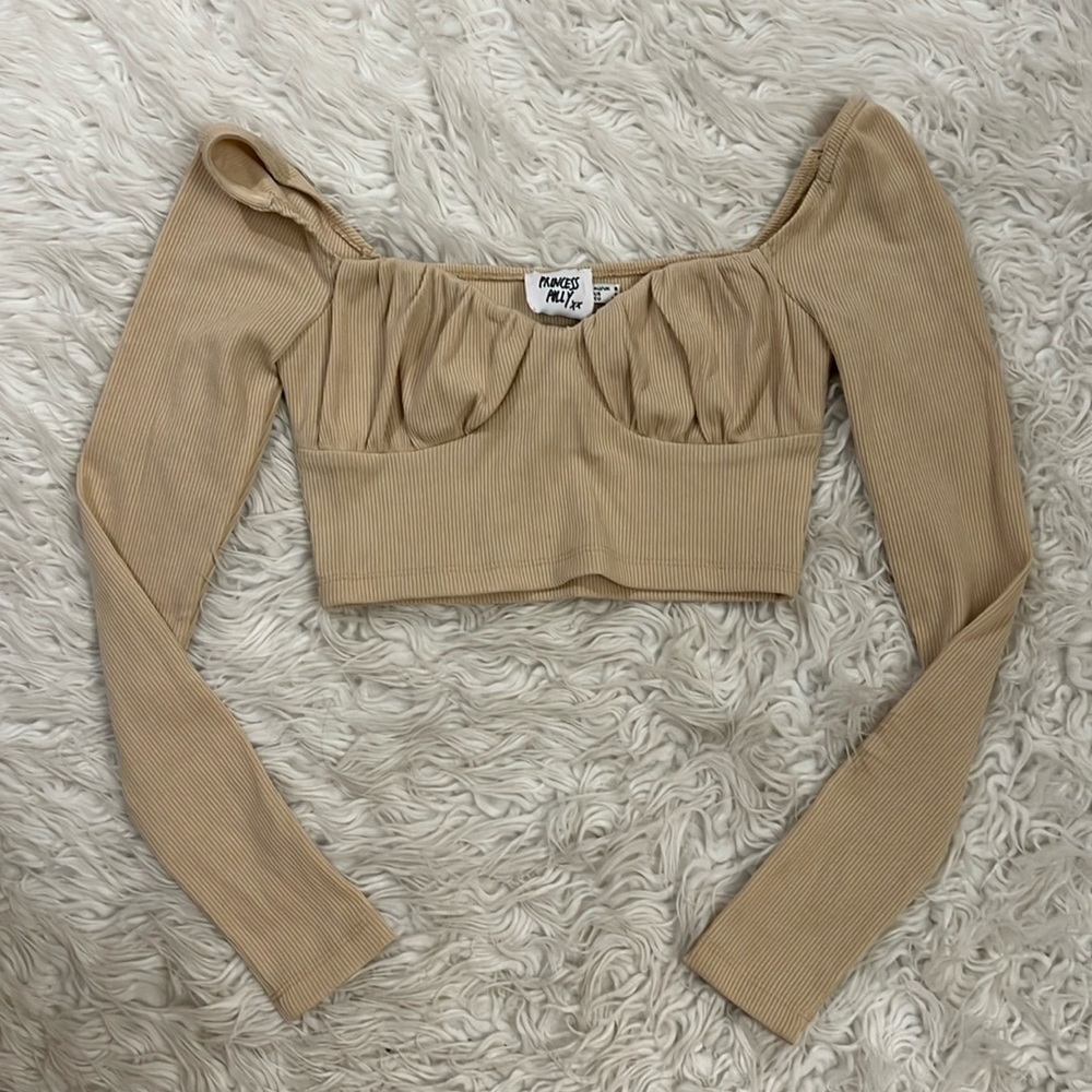 Princess Polly Beige ribbed long sleeve crop top